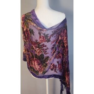 Western Fashion Purple Silk Blend Burnout Velvet Floral Beaded Tassel Shawl Wrap